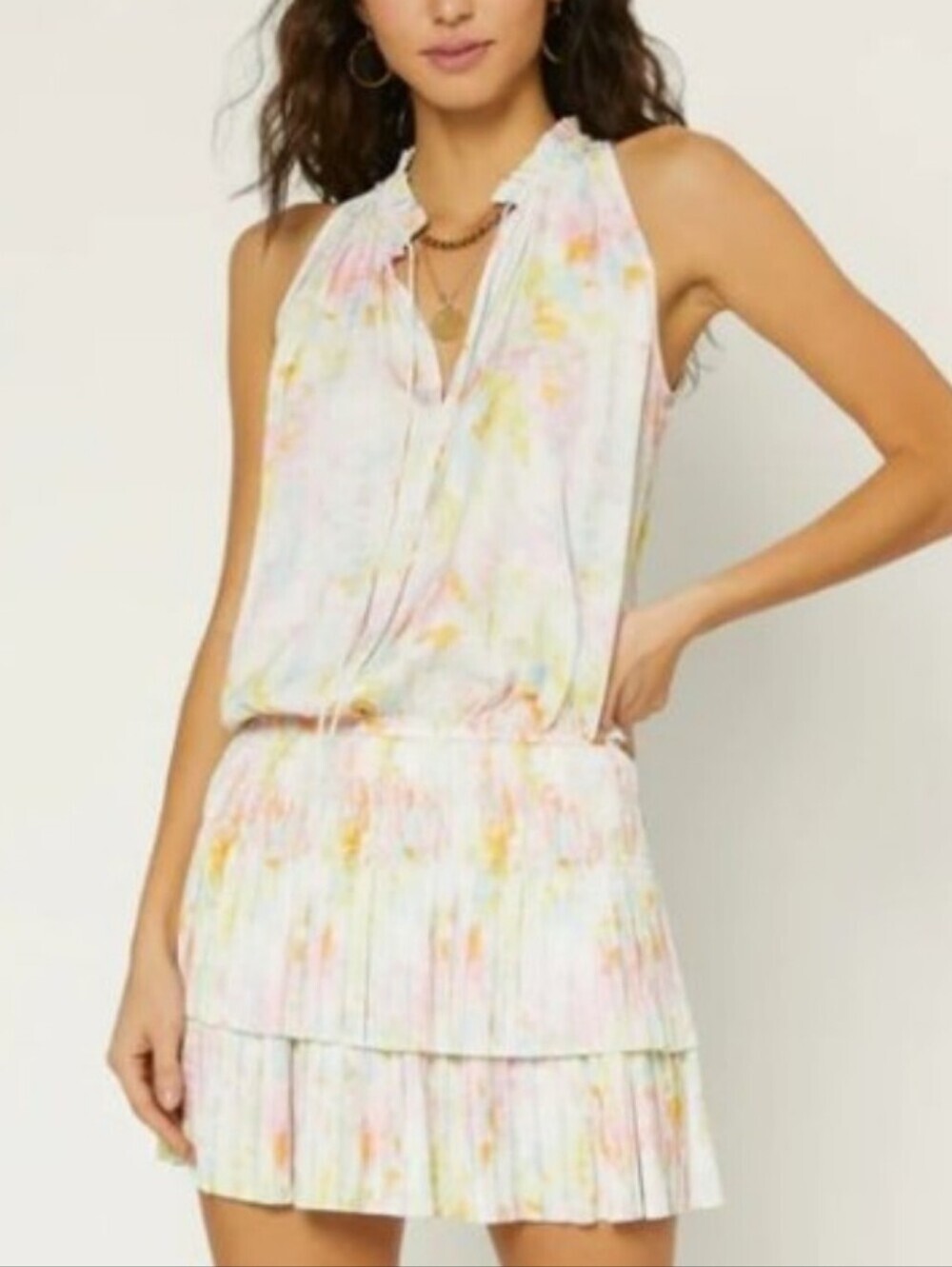 Current Air Cara Pleated Mini Dress Watercolor Floral L Tiered Colorful Summer